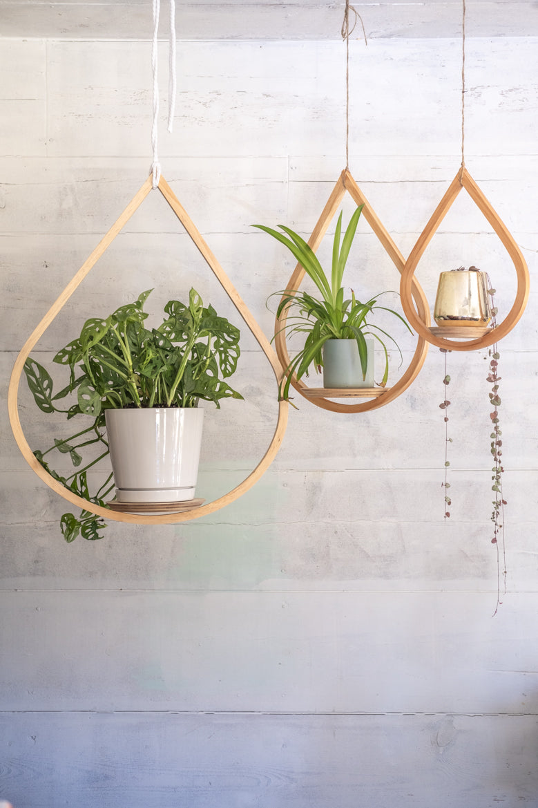 modern plant hanger Medium Wooden Hanging Planter, Teardrop Hanger, Planter With Saucer, A